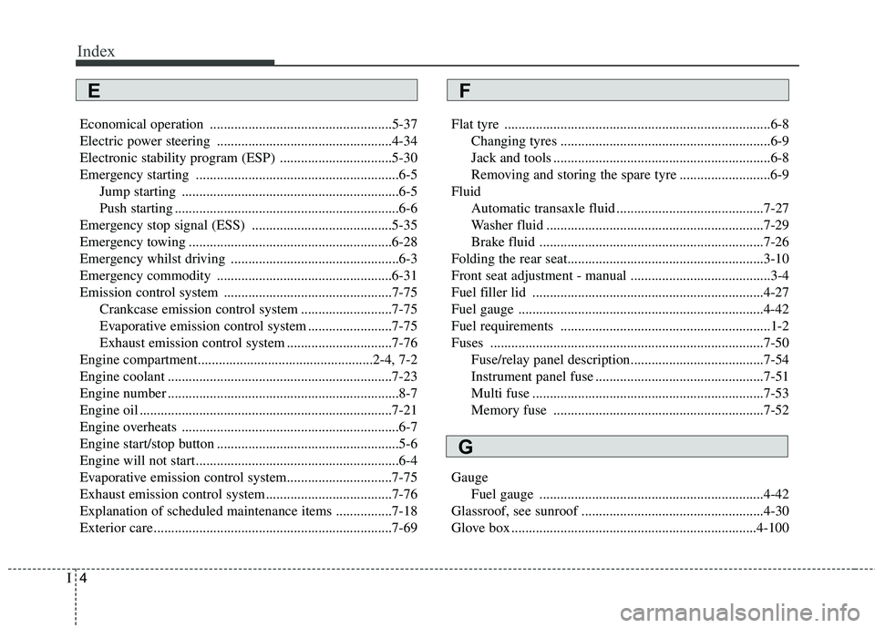 KIA MORNING 2015  Owners Manual Index
4I
Economical operation ....................................................5-37
Electric power steering ..................................................4-34
Electronic stability program (ESP)