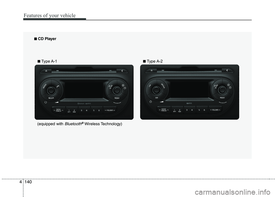 KIA PICANTO 2017  Owners Manual Features of your vehicle
1404
■■  
CD Player 
■■ Type A-1 ■■
Type A-2
(equipped with 
Bluetooth®Wireless Technology)   