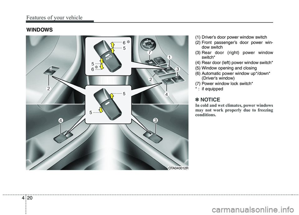 KIA PICANTO 2014  Owners Manual Features of your vehicle
20
4
(1) Driver’s door power window switch 
(2) Front passenger’s door power win-
dow switch
(3)  Rear door (right) power window 
switch*
(4) Rear door (left) power window