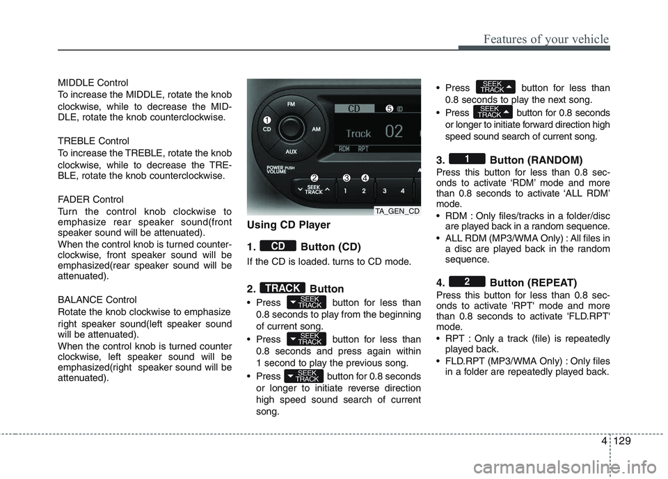 KIA PICANTO 2015  Owners Manual 4129
Features of your vehicle
MIDDLE Control 
To increase the MIDDLE, rotate the knob
clockwise, while to decrease the MID- 
DLE, rotate the knob counterclockwise. TREBLE Control 
To increase the TREB