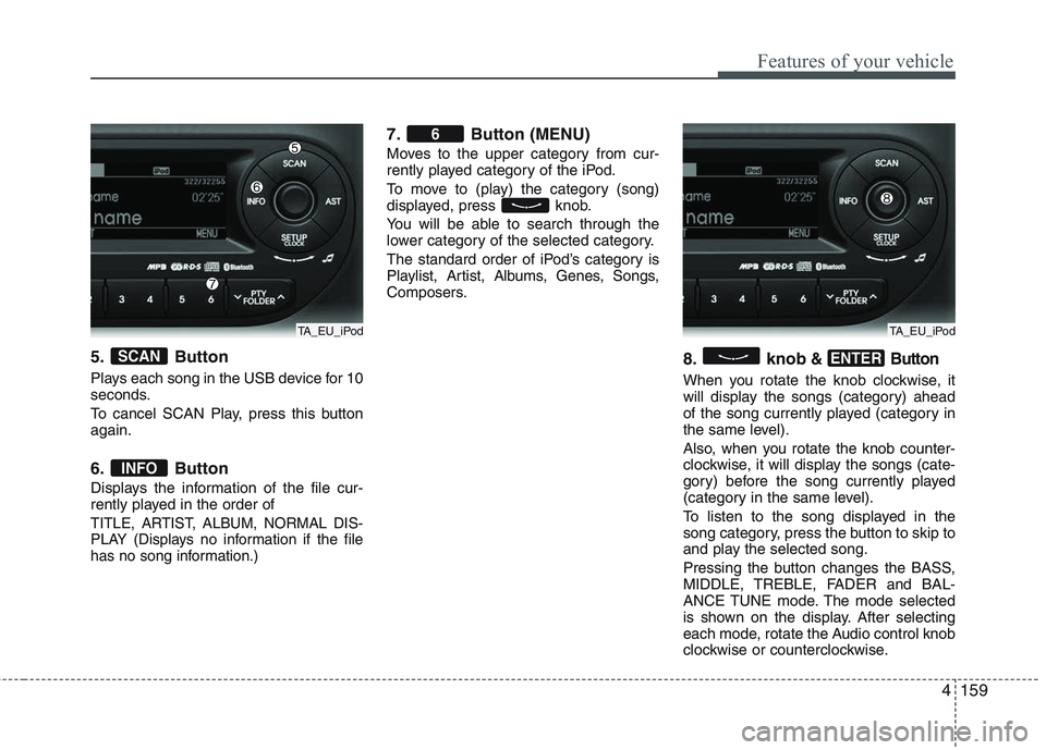 KIA PICANTO 2015  Owners Manual 4159
Features of your vehicle
5. Button 
Plays each song in the USB device for 10 
seconds. 
To cancel SCAN Play, press this button again. 
6. Button 
Displays the information of the file cur- 
rently