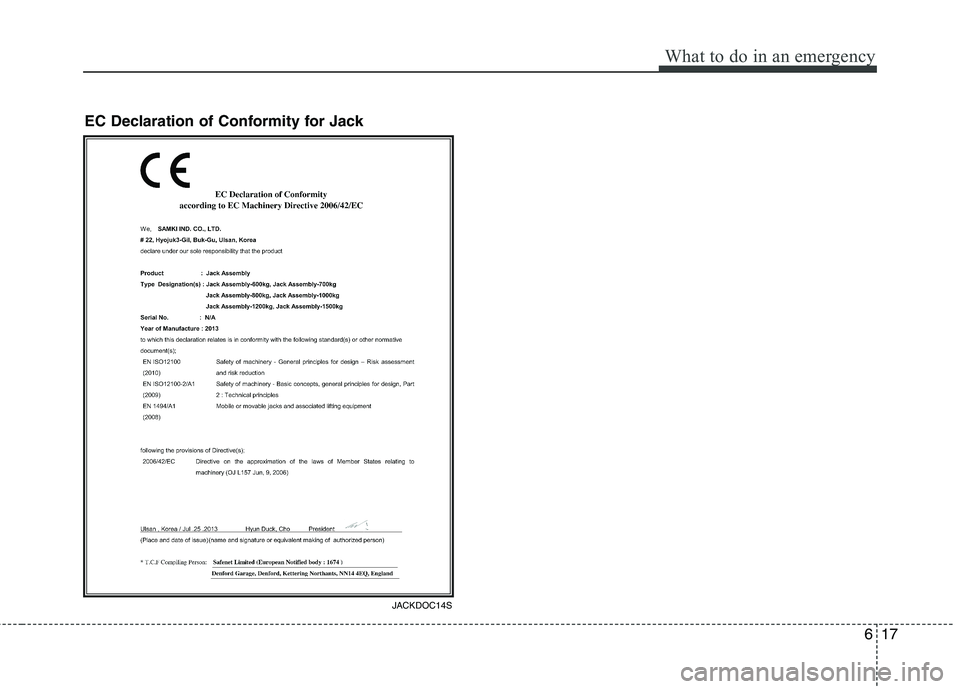 KIA PICANTO 2015  Owners Manual 617
What to do in an emergency
JACKDOC14S
EC Declaration of Conformity for Jack  