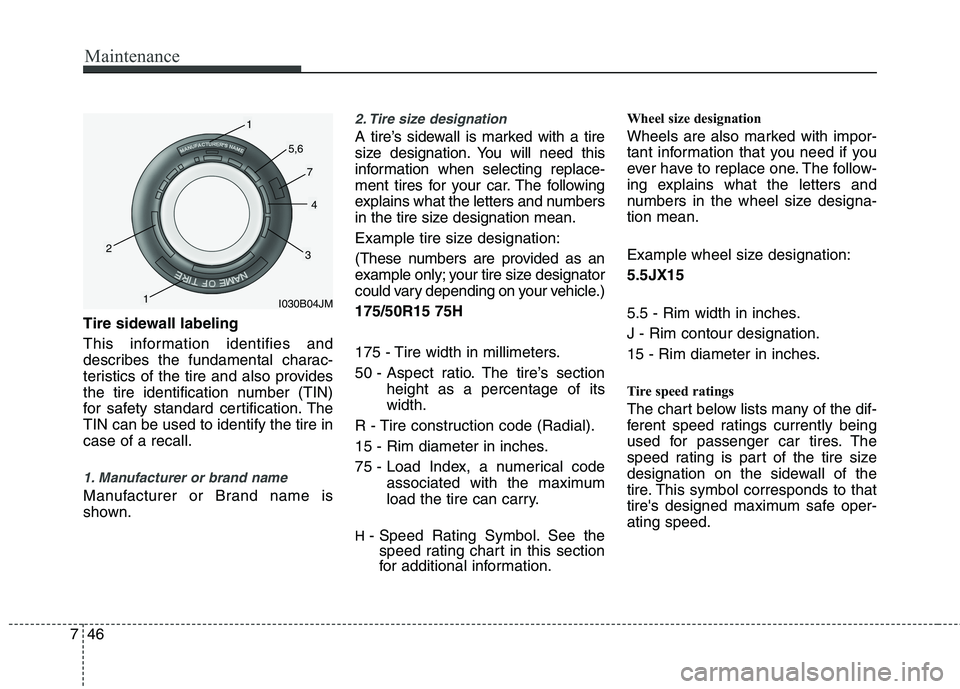 KIA PICANTO 2015  Owners Manual Maintenance
46
7
Tire sidewall labeling 
This information identifies and 
describes the fundamental charac-
teristics of the tire and also provides
the tire identification number (TIN)
for safety stan