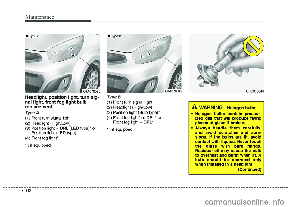 KIA PICANTO 2015  Owners Manual Maintenance
62
7
Headlight, position light, turn sig- 
nal light, front fog light bulbreplacement
Type A
(1) Front turn signal light 
(2) Headlight (High/Low)
(3) Position light + DRL (LED type)* or
P