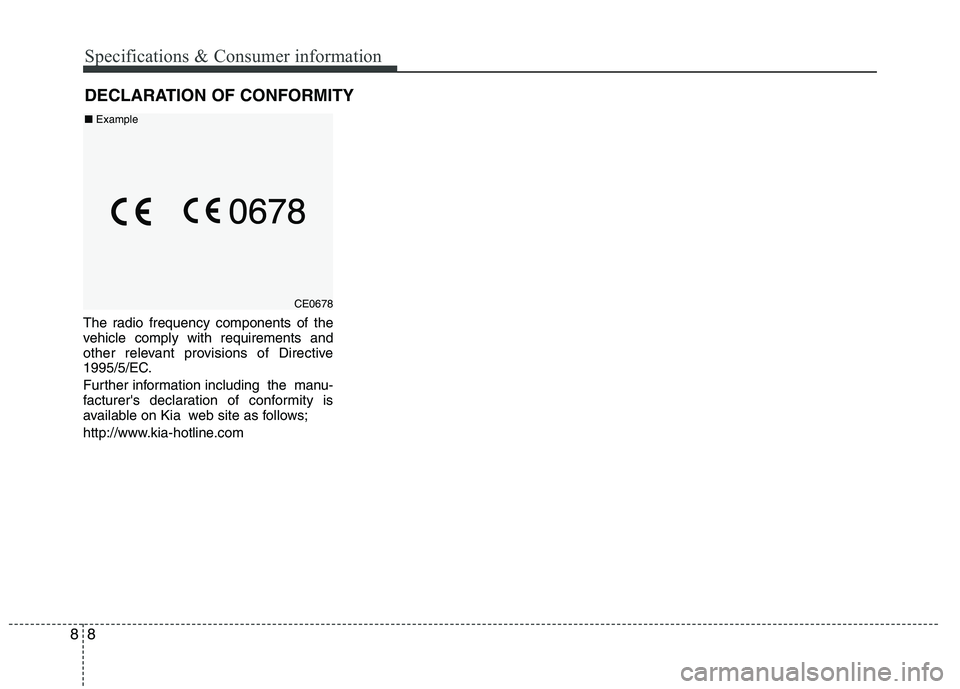 KIA PICANTO 2015  Owners Manual Specifications & Consumer information
8
8
The radio frequency components of the 
vehicle comply with requirements and
other relevant provisions of Directive
1995/5/EC. 
Further information including t