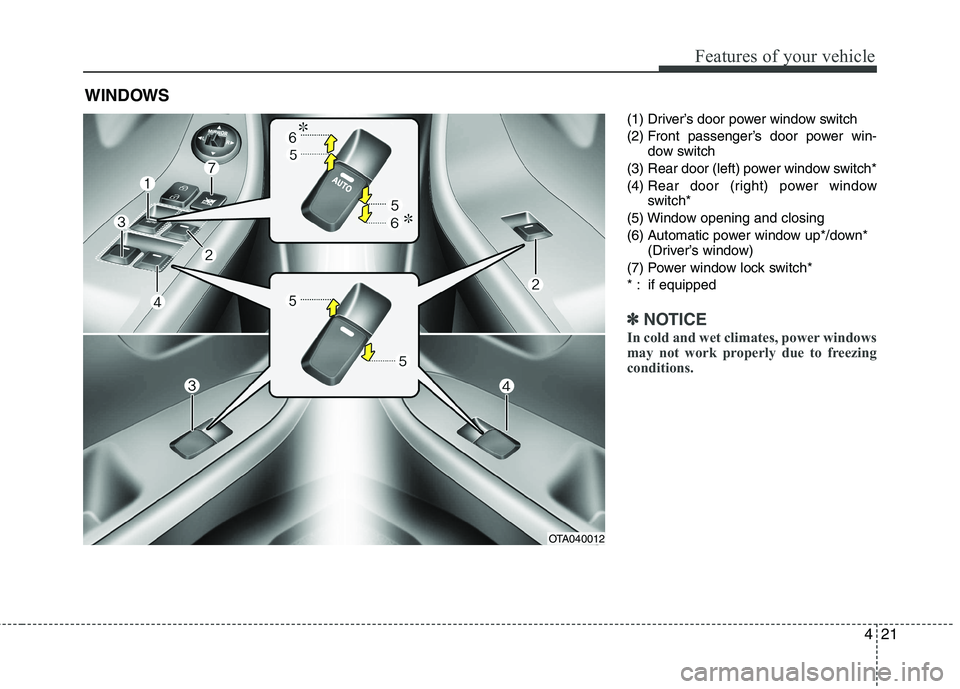 KIA PICANTO 2015  Owners Manual 421
Features of your vehicle
(1) Driver’s door power window switch 
(2) Front passenger’s door power win-dow switch
(3) Rear door (left) power window switch*(4)  Rear door (right) power window 
sw