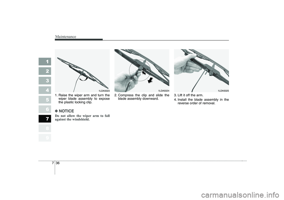 KIA PICANTO 2006  Owners Manual Maintenance
36
7
1 23456789
1. Raise the wiper arm and turn the
wiper blade assembly to expose 
the plastic locking clip.
✽✽ NOTICE
Do not allow the wiper arm to fall against the windshield.  
2. 