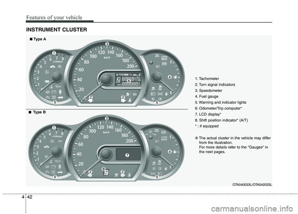 KIA PICANTO 2012  Owners Manual Features of your vehicle
42
4
INSTRUMENT CLUSTER
1. Tachometer  
2. Turn signal indicators
3. Speedometer
4. Fuel gauge
5. Warning and indicator lights
6. Odometer/Trip computer*
7. LCD display*
8. Sh