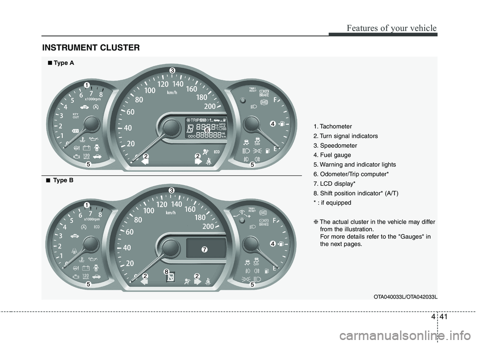 KIA PICANTO 2012  Owners Manual 441
Features of your vehicle
INSTRUMENT CLUSTER
1. Tachometer  
2. Turn signal indicators
3. Speedometer
4. Fuel gauge
5. Warning and indicator lights
6. Odometer/Trip computer*
7. LCD display*
8. Shi
