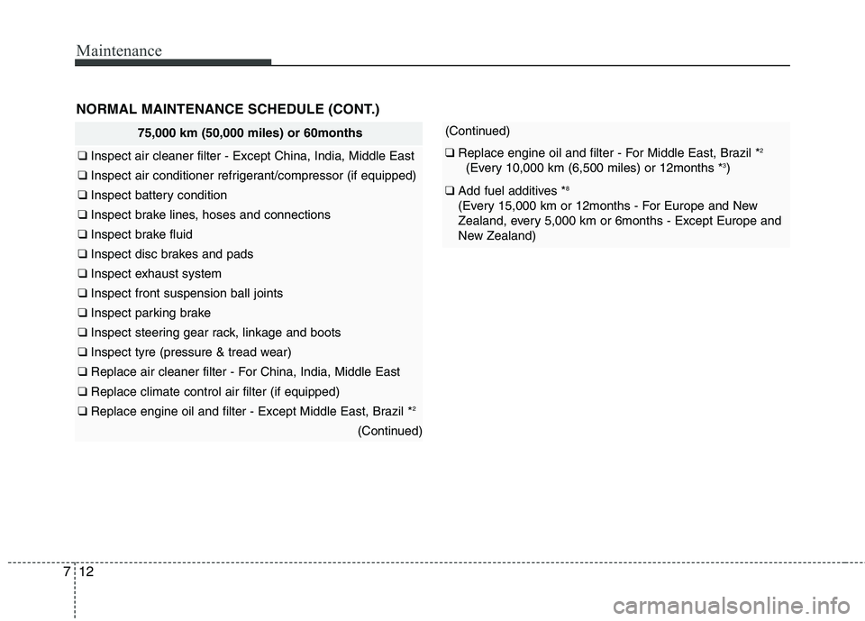 KIA PICANTO 2012  Owners Manual Maintenance
12
7
75,000 km (50,000 miles) or 60months
❑  Inspect air cleaner filter - Except China, India, Middle East
❑  Inspect air conditioner refrigerant/compressor (if equipped)
❑ Inspect b