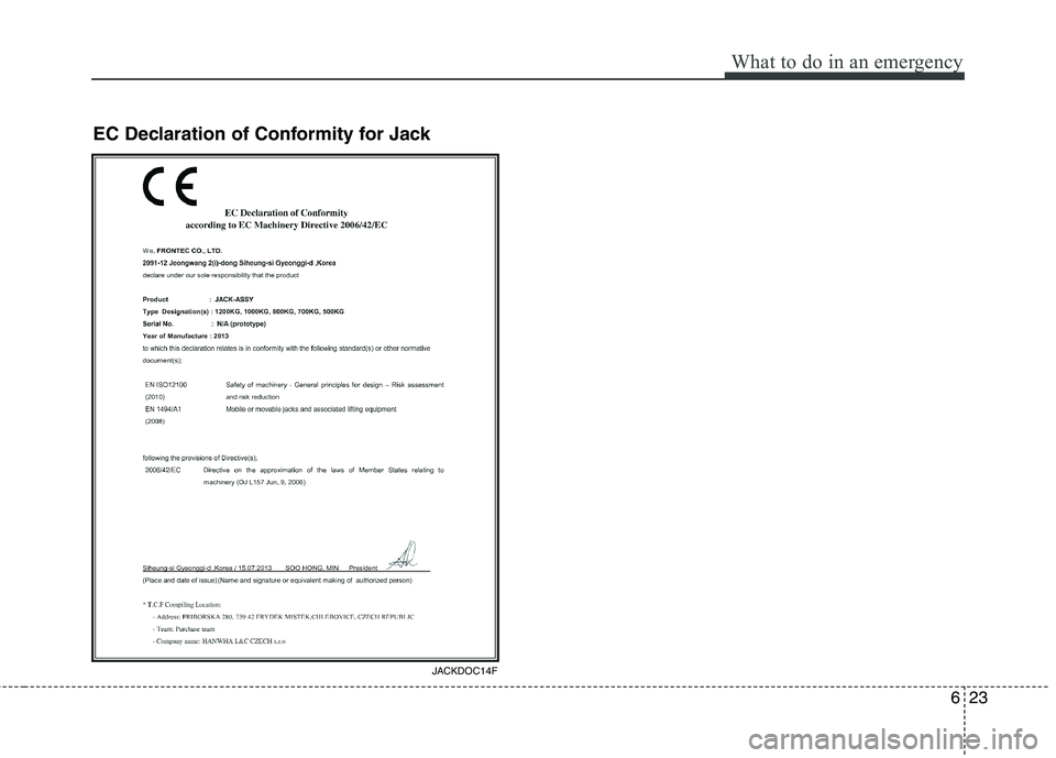 KIA QUORIS 2016  Owners Manual 623
What to do in an emergency
EC Declaration of Conformity for Jack
JACKDOC14F  
