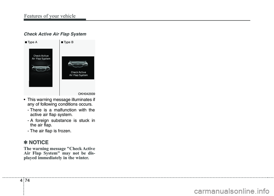 KIA QUORIS 2013  Owners Manual Features of your vehicle
74
4
Check Active Air Flap System
 This warning message illuminates if
any of following conditions occurs. 
- There is a malfunction with theactive air flap system.
- A foreig