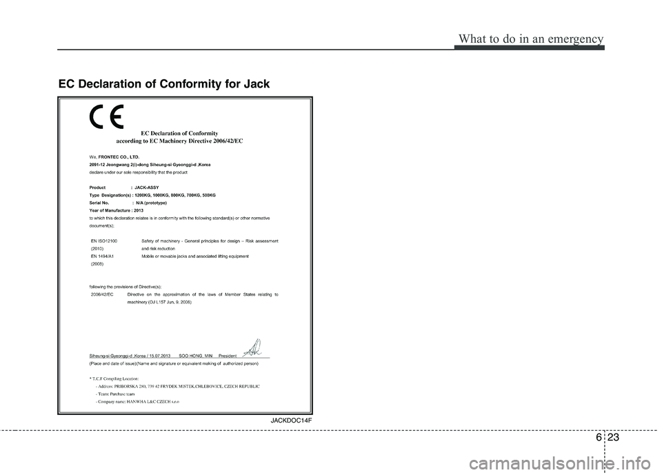 KIA QUORIS 2017  Owners Manual 623
What to do in an emergency
EC Declaration of Conformity for Jack
JACKDOC14F  