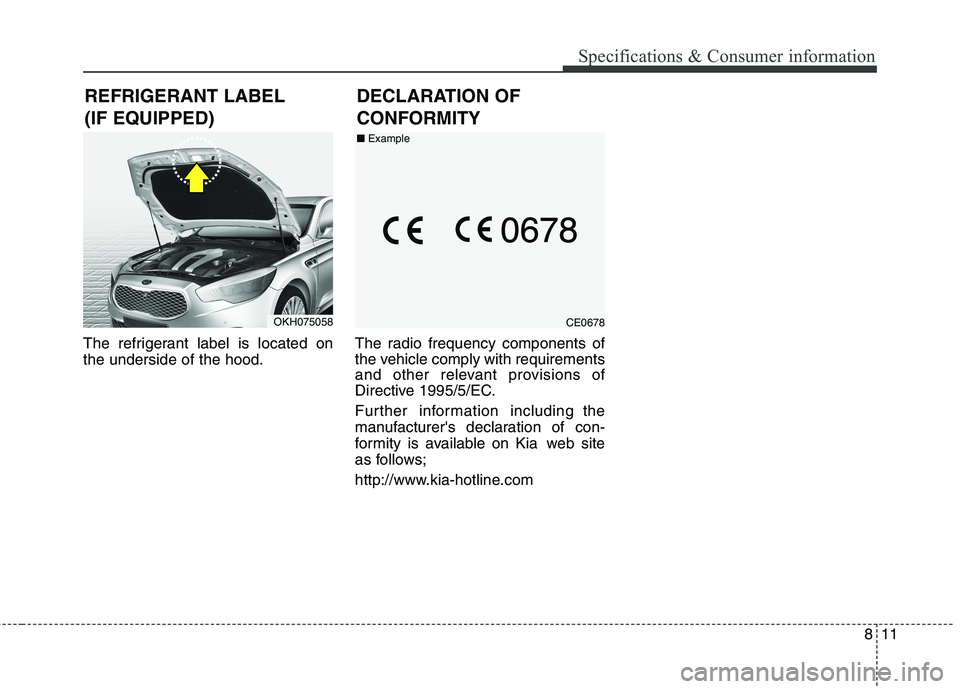 KIA QUORIS 2017  Owners Manual 811
Specifications & Consumer information
The refrigerant label is located on the underside of the hood.The radio frequency components of 
the vehicle comply with requirements
and other relevant provi