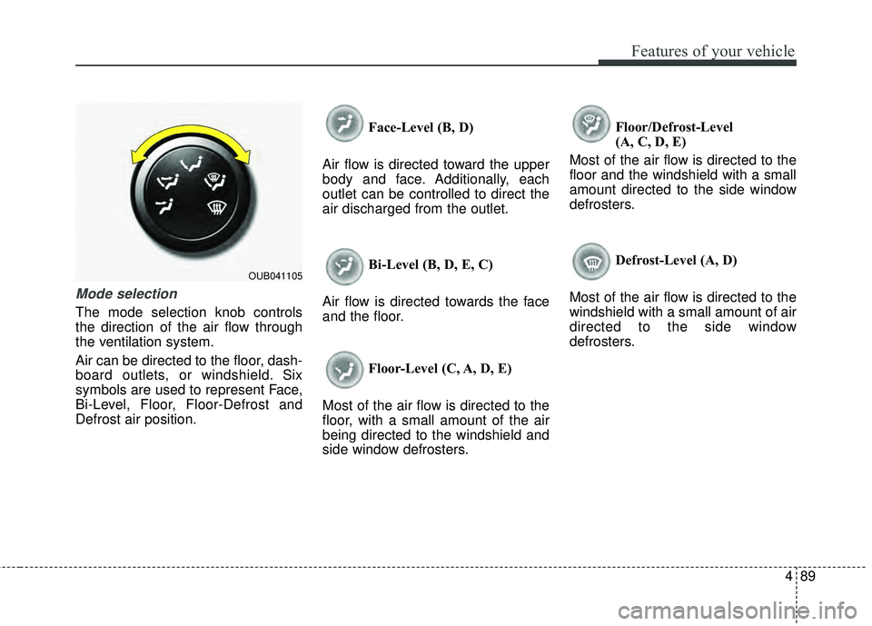 KIA RIO HATCHBACK 2015 Owners Manual 489
Features of your vehicle
Mode selection
The mode selection knob controls
the direction of the air flow through
the ventilation system.
Air can be directed to the floor, dash-
board outlets, or win KIA RIO HATCHBACK 2015 Owners Manual 489
Features of your vehicle
Mode selection
The mode selection knob controls
the direction of the air flow through
the ventilation system.
Air can be directed to the floor, dash-
board outlets, or win