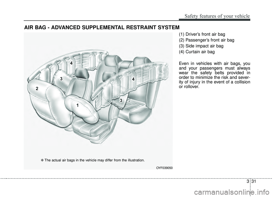 KIA RIO HATCHBACK 2015  Owners Manual 331
Safety features of your vehicle
(1) Driver’s front air bag
(2) Passenger’s front air bag
(3) Side impact air bag
(4) Curtain air bag
Even in vehicles with air bags, you
and your passengers mus