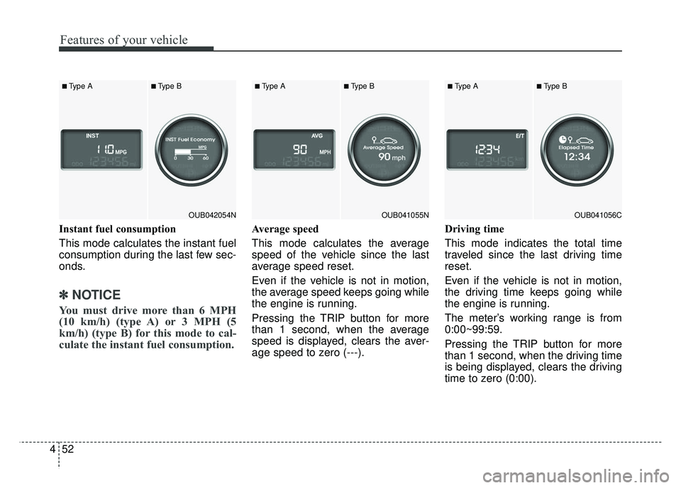 KIA RIO HATCHBACK 2014  Owners Manual Features of your vehicle
52
4
Instant fuel consumption
This mode calculates the instant fuel
consumption during the last few sec-
onds.
✽ ✽  
 
NOTICE
You must drive more than 6 MPH
(10 km/h) (typ