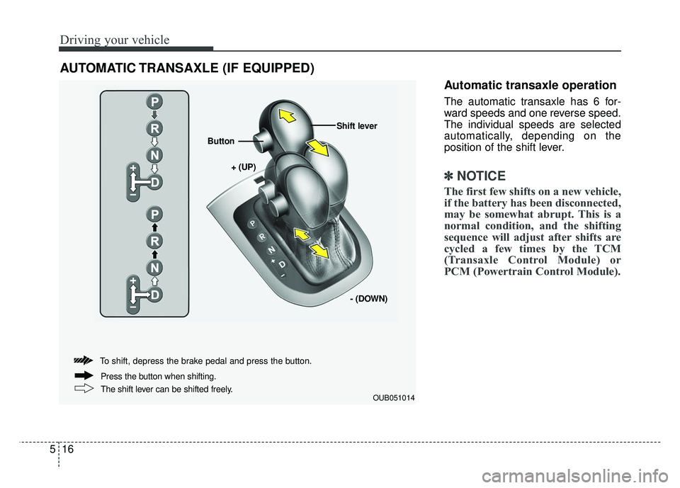 KIA RIO HATCHBACK 2014  Owners Manual Driving your vehicle
16
5
Automatic transaxle operation
The automatic transaxle has 6 for-
ward speeds and one reverse speed.
The individual speeds are selected
automatically, depending on the
positio