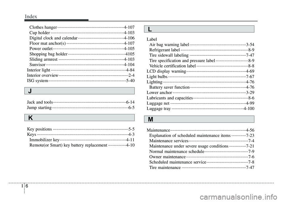 KIA RIO HATCHBACK 2014  Owners Manual Index
6I
Clothes hanger ··················\
··················\
··················\
·····4-107
Cup holder ·················