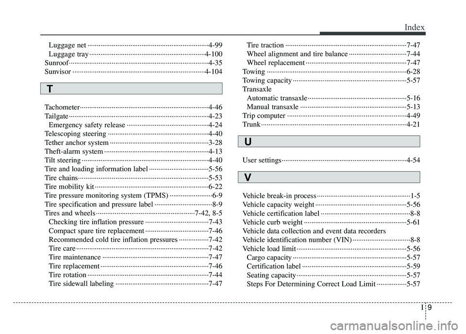 KIA RIO HATCHBACK 2014  Owners Manual I9
Index
Luggage net ··················\
··················\
··················\
···········4-99
Luggage tray ············