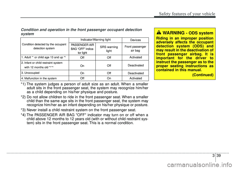 KIA RIO HATCHBACK 2014  Owners Manual 339
Safety features of your vehicle
WARNING - ODS system
Riding in an improper position
adversely affects the occupant
detection system (ODS) and
may result in the deactivation of
front passenger airb