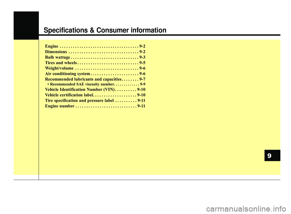 KIA RIO HATCHBACK 2019  Owners Manual Specifications & Consumer information
Engine  . . . . . . . . . . . . . . . . . . . . . . . . . . . . . . . . . . . . \
9-2
Dimensions . . . . . . . . . . . . . . . . . . . . . . . . . . . . . . . . 9