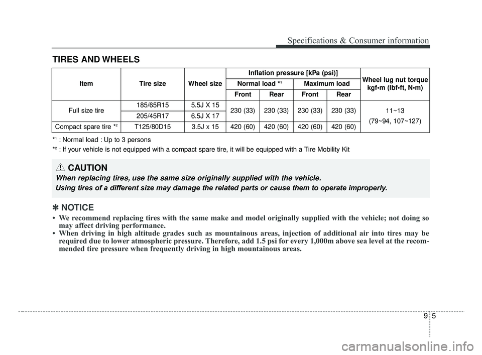 KIA RIO HATCHBACK 2019  Owners Manual 95
Specifications & Consumer information
TIRES AND WHEELS
CAUTION
When replacing tires, use the same size originally supplied with the vehicle.
Using tires of a different size may damage the related p