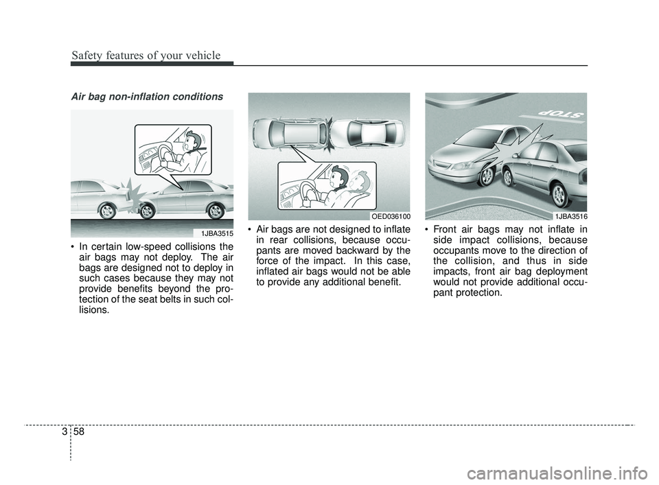 KIA RIO HATCHBACK 2019  Owners Manual Safety features of your vehicle
58
3
Air bag non-inflation conditions
 In certain low-speed collisions the
air bags may not deploy. The air
bags are designed not to deploy in
such cases because they m