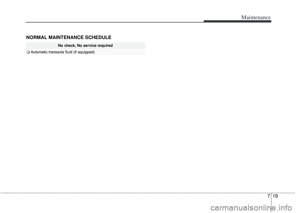 KIA RIO HATCHBACK 2012  Owners Manual 719
Maintenance
NORMAL MAINTENANCE SCHEDULE
No check, No service required
❑Automatic transaxle fluid (if equipped) 