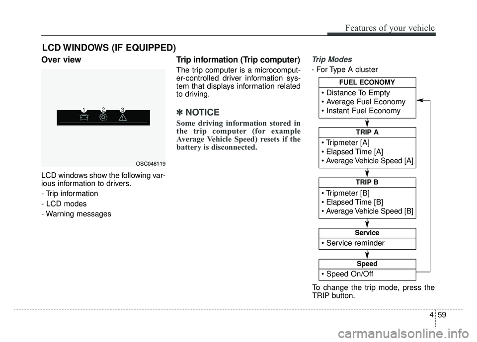 KIA RIO HATCHBACK 2018  Owners Manual 459
Features of your vehicle
Over view
LCD windows show the following var-
ious information to drivers.
- Trip information
- LCD modes
- Warning messages
Trip information (Trip computer)
The trip comp