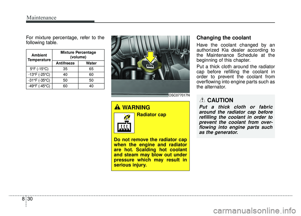 KIA RIO HATCHBACK 2018  Owners Manual Maintenance
30
8
For mixture percentage, refer to the
following table.Changing the coolant
Have the coolant changed by an
authorized Kia dealer according to
the Maintenance Schedule at the
beginning o