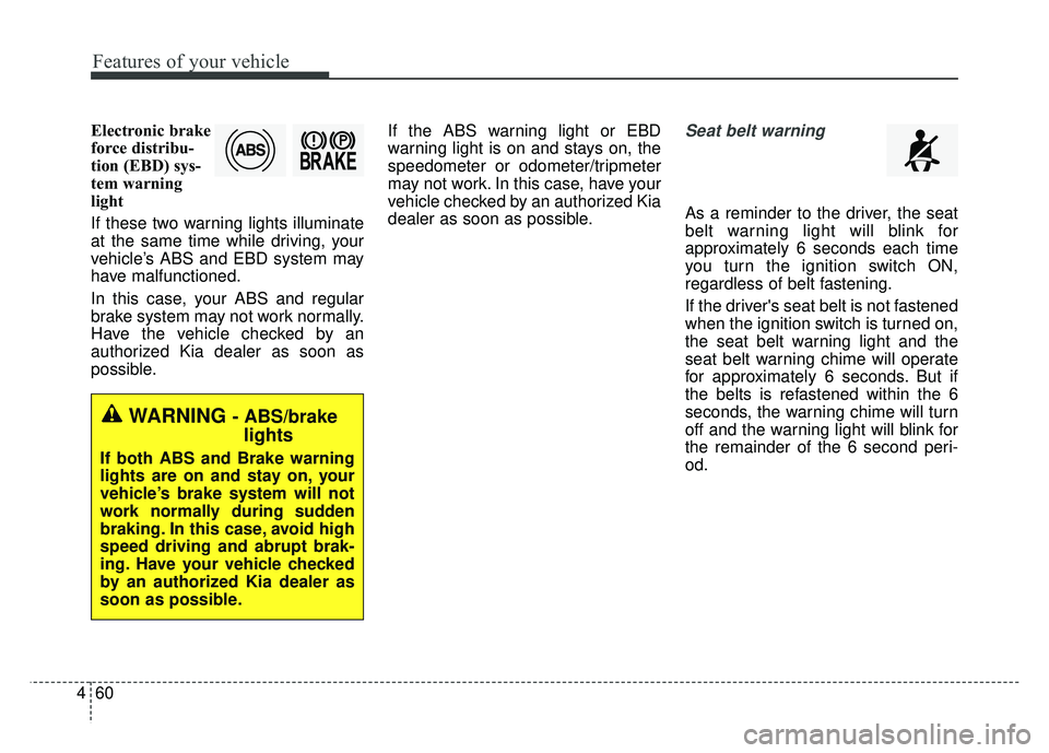 KIA RIO HATCHBACK 2016  Owners Manual Features of your vehicle
60
4
Electronic brake
force distribu-
tion (EBD) sys-
tem warning
light
If these two warning lights illuminate
at the same time while driving, your
vehicle’s ABS and EBD sys