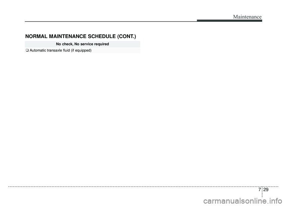 KIA RIO HATCHBACK 2016  Owners Manual 729
Maintenance
NORMAL MAINTENANCE SCHEDULE (CONT.)
No check, No service required
❑Automatic transaxle fluid (if equipped) 