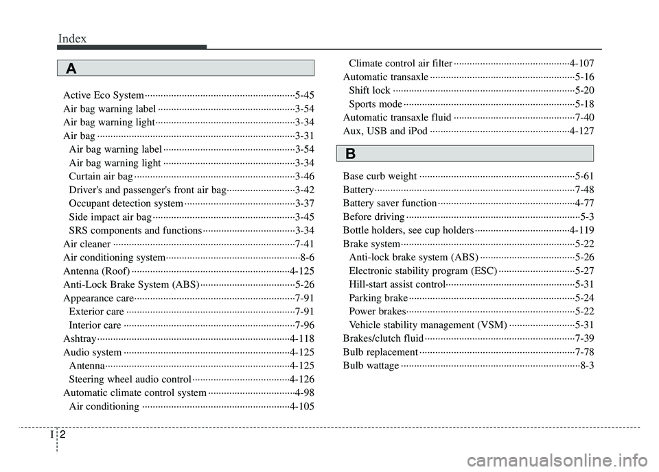 KIA RIO HATCHBACK 2016  Owners Manual Index
2I
Active Eco System ··················\
··················\
··················\
···5-45
Air bag warning label ·············