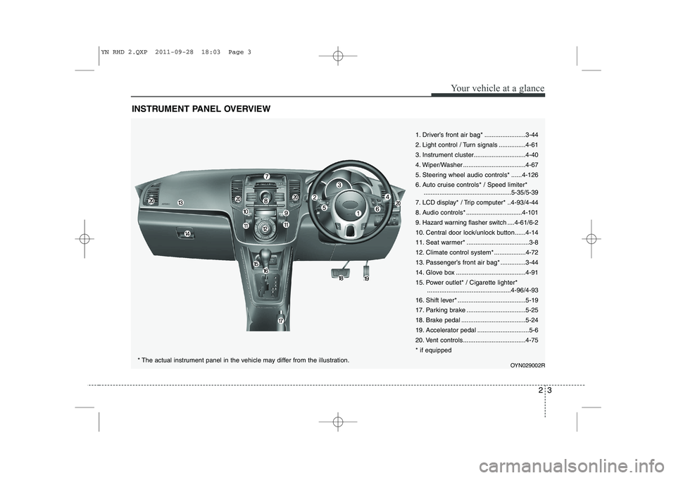 KIA VENGA 2013 Owners Manual 23
Your vehicle at a glance
INSTRUMENT PANEL OVERVIEW
1. Driver’s front air bag* .......................3-44
2. Light control / Turn signals ...............4-61
3. Instrument cluster............... KIA VENGA 2013 Owners Manual 23
Your vehicle at a glance
INSTRUMENT PANEL OVERVIEW
1. Driver’s front air bag* .......................3-44
2. Light control / Turn signals ...............4-61
3. Instrument cluster...............