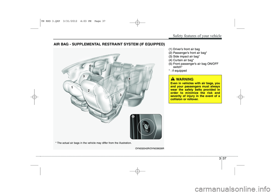 KIA VENGA 2013  Owners Manual 337
Safety features of your vehicle
(1) Driver’s front air bag 
(2) Passenger’s front air bag*(3) Side impact air bag*
(4) Curtain air bag*
(5) Front passenger’s air bag ON/OFFswitch*
* : if equ