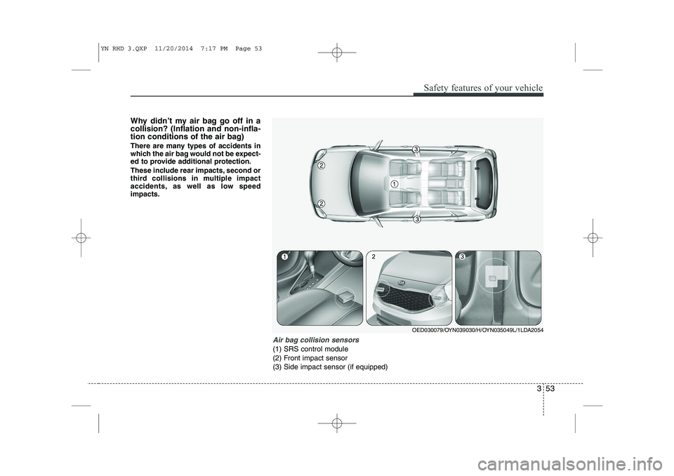 KIA VENGA 2015  Owners Manual 353
Safety features of your vehicle
Why didn’t my air bag go off in a collision? (Inflation and non-infla-
tion conditions of the air bag) 
There are many types of accidents in 
which the air bag wo
