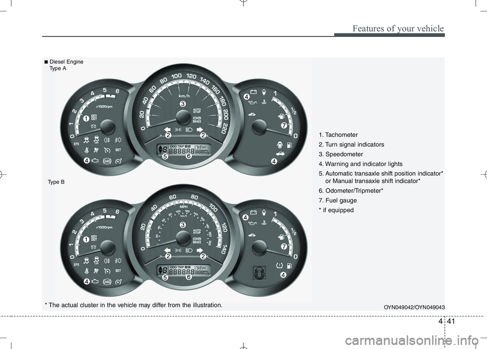 KIA VENGA 2011  Owners Manual 441
Features of your vehicle
OYN049042/OYN049043* The actual cluster in the vehicle may differ from the illustration.
■
Diesel Engine
Type A
Type B
1. Tachometer  
2. Turn signal indicators
3. Speed