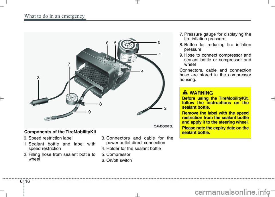 KIA VENGA 2011  Owners Manual What to do in an emergency
16
6
0. Speed restriction label 
1. Sealant bottle and label with
speed restriction
2. Filling hose from sealant bottle to wheel 3. Connectors and cable for the
power outlet