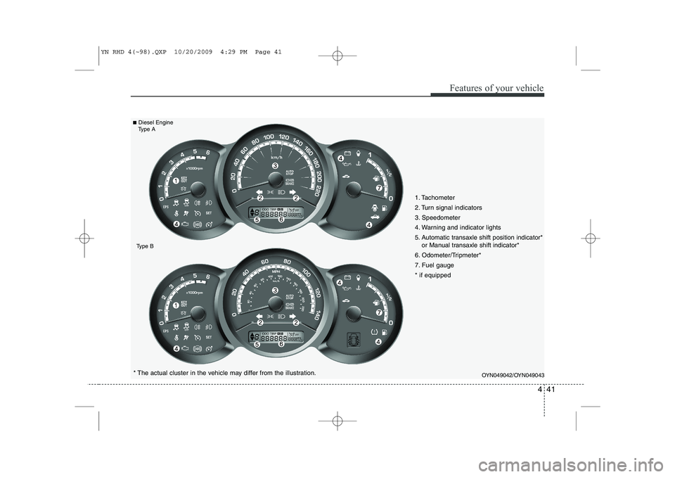 KIA VENGA 2011  Owners Manual 441
Features of your vehicle
OYN049042/OYN049043* The actual cluster in the vehicle may differ from the illustration.
■
Diesel Engine
Type A
Type B
1. Tachometer  
2. Turn signal indicators
3. Speed