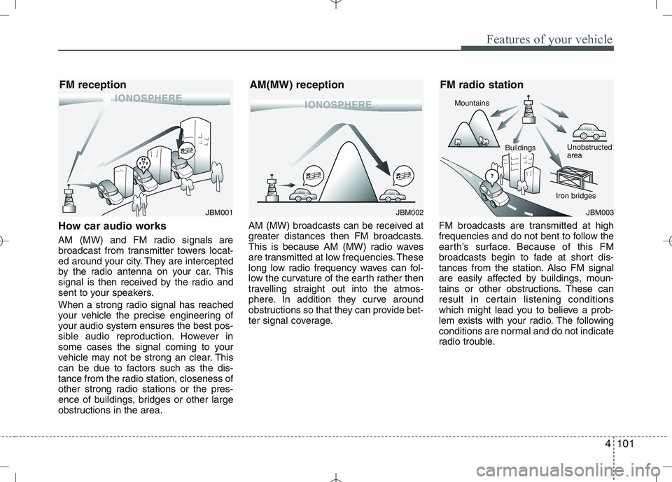 KIA VENGA 2011 Owners Manual 4101
Features of your vehicle
How car audio works
AM (MW) and FM radio signals are
broadcast from transmitter towers locat-
ed around your city. They are intercepted
by the radio antenna on your car KIA VENGA 2011 Owners Manual 4101
Features of your vehicle
How car audio works
AM (MW) and FM radio signals are
broadcast from transmitter towers locat-
ed around your city. They are intercepted
by the radio antenna on your car