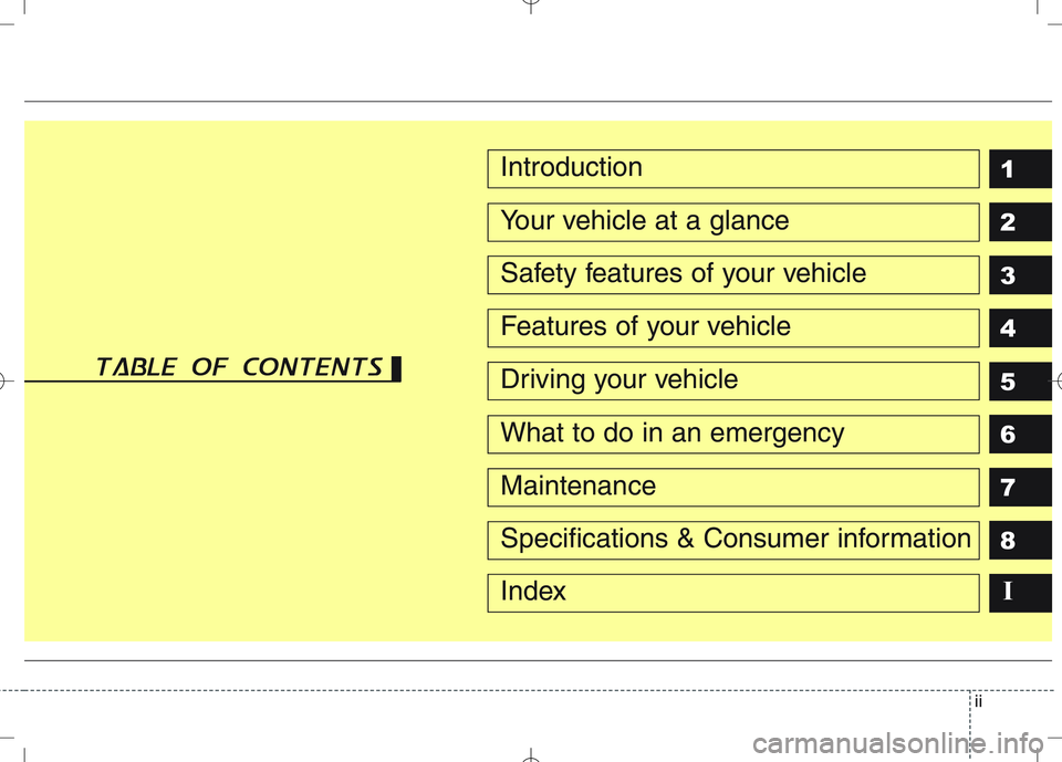 KIA VENGA 2010  Owners Manual ii
1 2 3 4 5 6 78IIntroduction
Your vehicle at a glance
Safety features of your vehicle
Features of your vehicle
Driving your vehicle
What to do in an emergency
Maintenance
Specifications & Consumer i