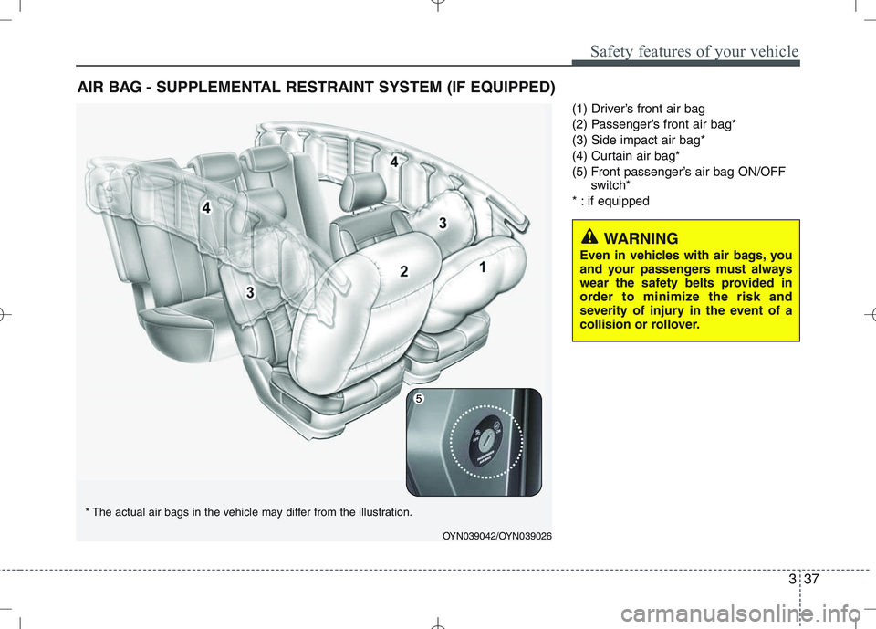 KIA VENGA 2010  Owners Manual 337
Safety features of your vehicle
(1) Driver’s front air bag 
(2) Passenger’s front air bag*(3) Side impact air bag*
(4) Curtain air bag*
(5) Front passenger’s air bag ON/OFFswitch*
* : if equ