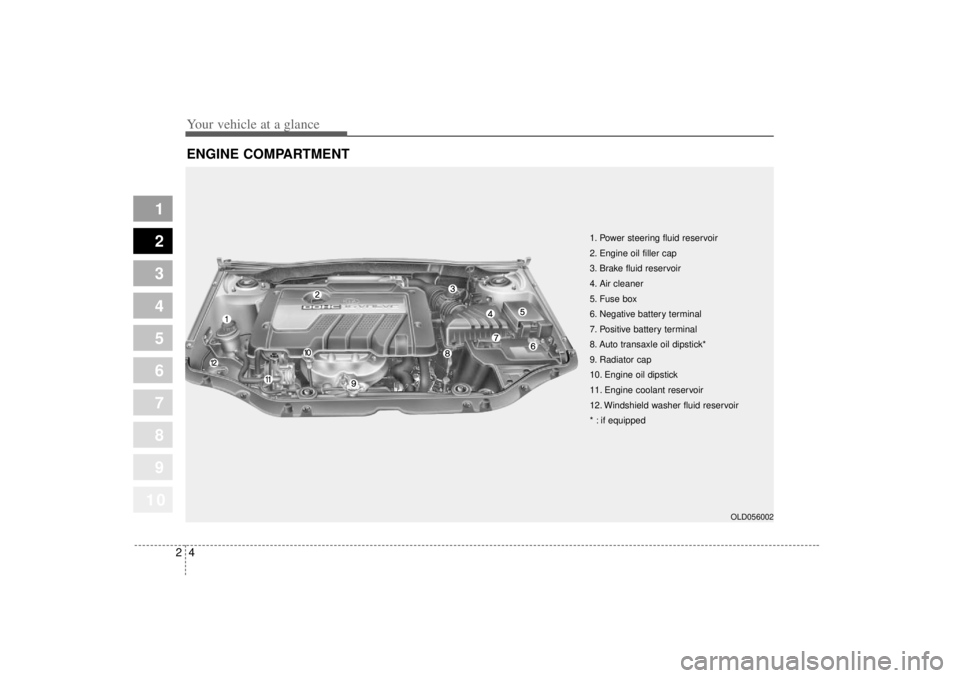KIA SPECTRA5 2007  Owners Manual Your vehicle at a glance42
1
2
3
4
5
6
7
8
910
ENGINE COMPARTMENT 
OLD056002
1. Power steering fluid reservoir
2. Engine oil filler cap
3. Brake fluid reservoir
4. Air cleaner
5. Fuse box
6. Negative 