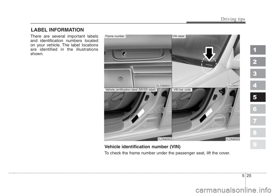 KIA SPECTRA5 2008  Owners Manual 525
Driving tips
1
2
3
4
5
6
7
8
9
LABEL INFORMATION   
There are several important labels
and identification numbers located
on your vehicle. The label locations
are identified in the illustrations
s