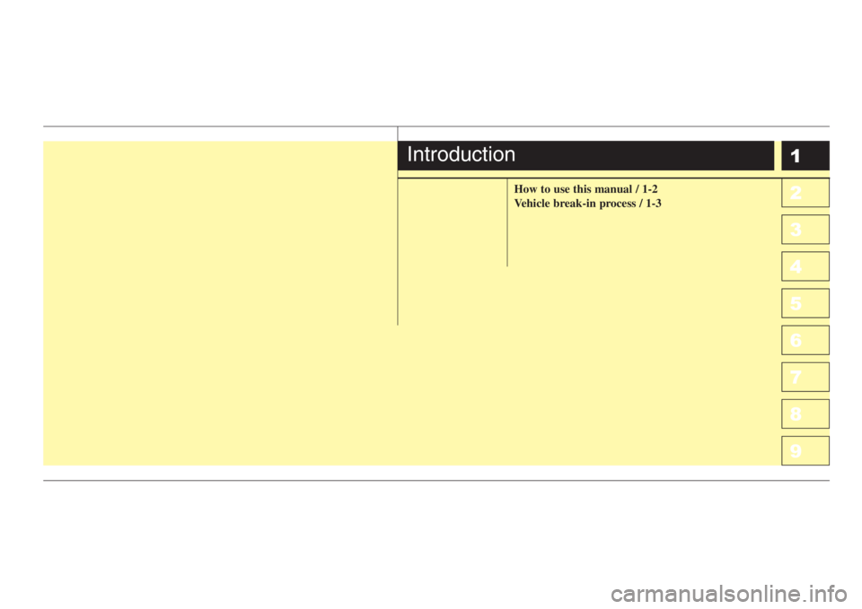 KIA SPECTRA5 2008  Owners Manual 1
2
3
4
5
6
7
8
9
How to use this manual / 1-2
Vehicle break-in process / 1-3
Introduction 