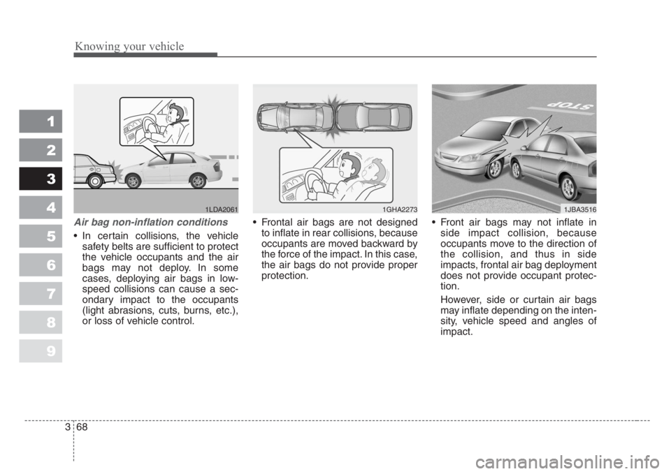 KIA SPECTRA5 2008  Owners Manual Knowing your vehicle
68 3
1
2
3
4
5
6
7
8
9
Air bag non-inflation conditions
• In certain collisions, the vehicle
safety belts are sufficient to protect
the vehicle occupants and the air
bags may no
