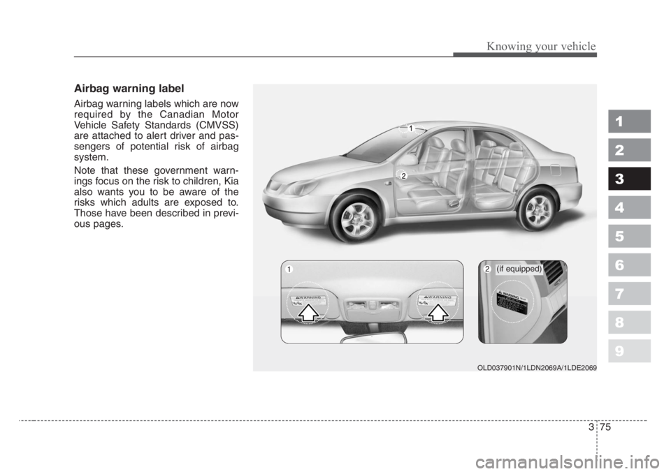 KIA SPECTRA5 2008  Owners Manual 375
1
2
3
4
5
6
7
8
9
Knowing your vehicle
Airbag warning label
Airbag warning labels which are now
required by the Canadian Motor
Vehicle Safety Standards (CMVSS)
are attached to alert driver and pas