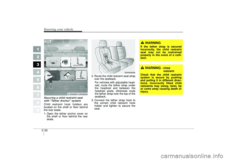 KIA SPECTRA5 2006 Owners Manual Knowing your vehicle52
3
1
2
3
4
5
6
7
8
9
WARNING
- Child
restraint
Check that the child restraint
system is secure by pushing
and pulling it in different direc-
tions. Incorrectly fitted child
rest KIA SPECTRA5 2006 Owners Manual Knowing your vehicle52
3
1
2
3
4
5
6
7
8
9
WARNING
- Child
restraint
Check that the child restraint
system is secure by pushing
and pulling it in different direc-
tions. Incorrectly fitted child
rest