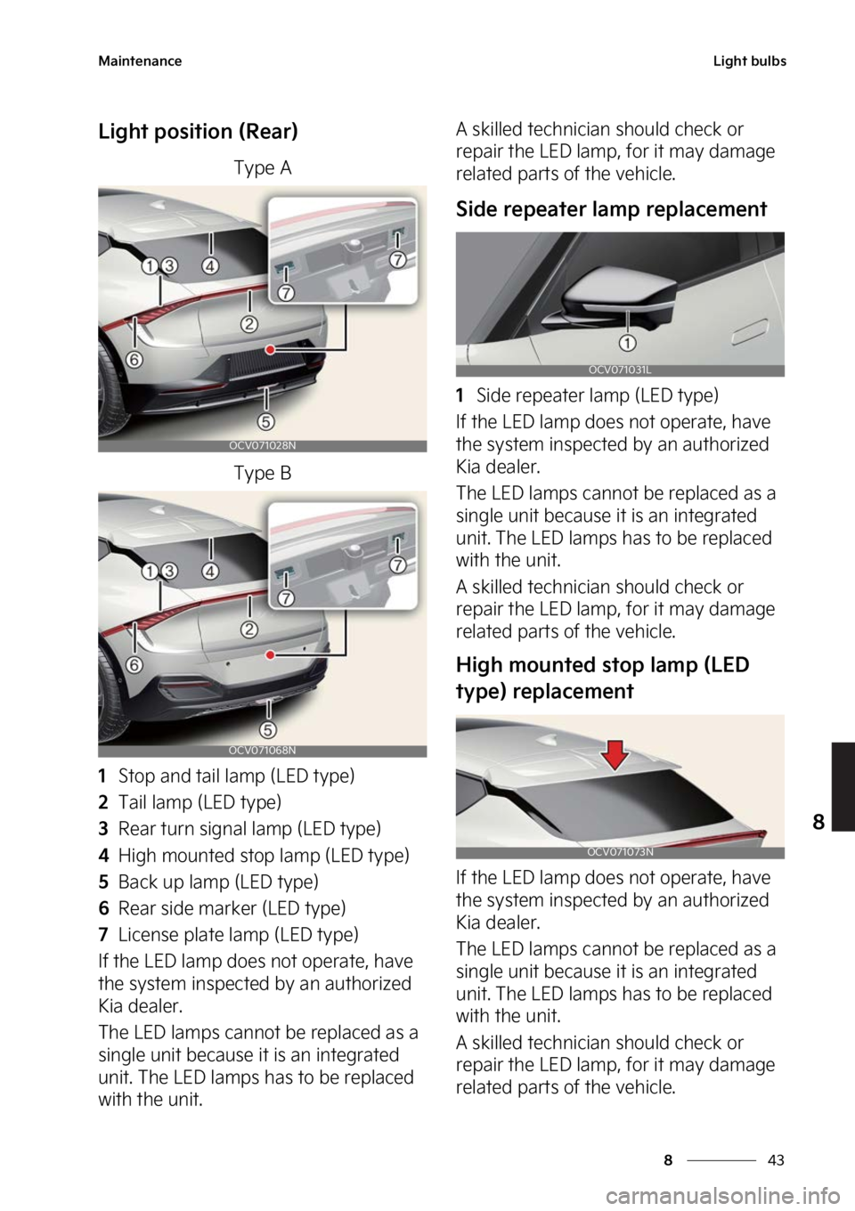 KIA EV6 2023  Owners Manual ��
�
�
�.�B�J�O�U�F�O�B�O�D�F�-�J�H�I�U��C�V�M�C�T
�-�J�H�I�U��Q�P�T�J�U�J�P�O��	�3�F�B�S�

�5�Z�Q�F��"
�5�Z�Q�F��#
���4�U�P�Q��B�O�E��U�B�J�M��M�B�N�Q��	�-�&�%��U�Z�Q�F�

���5�B�J�M